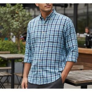 J McLaughlin Button Down Shirt Men's Large Blue Plaid Linen Long Sleeve Pocket‎